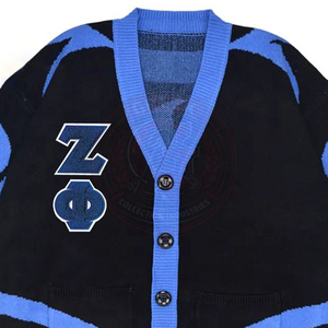 Cardigan en acrylique tricoté pour femme, noir et bleu, avec lettres, style universitaire, manches longues, boutons sur le devant, Sorority Zeta Phi B - Product Image 5