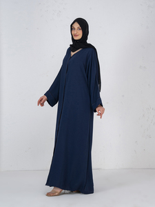 Women Long Navy Blue Solid Color Polyester Abaya Lightweight Daily Wear <b>Hijab</b> Style Dress Full Length V-Neck Design - Product Image 1