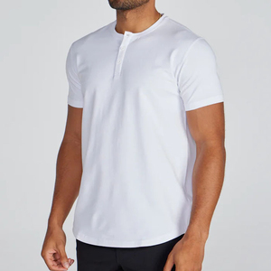 T-shirt ajusté pour homme en coton tricoté respirant anti-boulochage, sérigraphié, uni, écologique, style streetwear, Henley à col ras du cou - Product Image 5