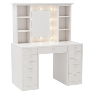 Studio Modern Minimalist White Makeup Vanity Desk Set <b>with</b> Lighted Mirror, Open <b>Storage</b> Hutch, and 11 <b>Storage</b> Drawers - Product Image 1