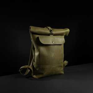 Quick Access Leather <b>Roll</b> Top <b>Backpack</b> Vertical Side Zipper Rucksack For Gadgets Durable Travel Bag LRTB-0192 - Product Image 1