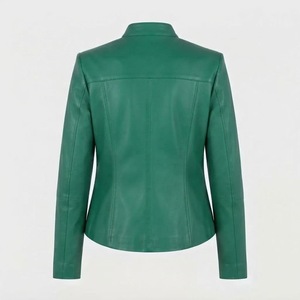 Women's Genuine <b>Leather</b> Moto Jacket Stand Collar Full Sleeve Zipper Closure Solid Green Autumn Outerwear - Product Image 6