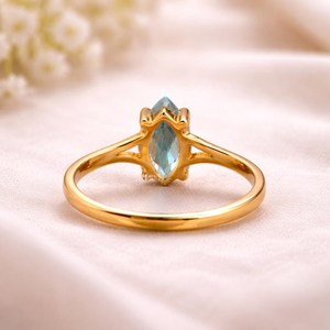 14K Gold Plated Bohemian Christian Style Marquise Cut Aquamarine <b>Ring</b> Women <b>Split</b> Shank Solitaire Anniversary Gift Jewelry - Product Image 6