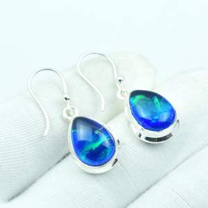 Boucles d'oreilles en opale de feu bleue, style bohème, en argent sterling 925, faites à la main, en forme de goutte, bijoux en pierres précieuses, cadeau pour femmes et hommes - Product Image 4