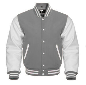 Windproof Custom Bomber Varsity Jacket Grey <b>Wool</b> Body Sleeves Leather Mens Outdoor College Jacket Winter Lining Satin <b>Quilt</b> XL - Product Image 6