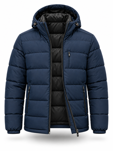 Chaqueta Acolchada con Capucha para Hombre, Color Azul Marino, Cálida, Resistente al Viento, Cierre Frontal con Cremallera, Color Sólido, Relleno de Poliéster, Corte Regular - Product Image 4
