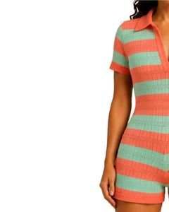 Mono de punto a rayas coral y menta para mujer, manga corta, cuello polo, informal de verano, de una pieza, ajustado, a la moda - Product Image 3