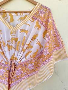 Bata Kimono con Estampado de Dibujos Animados para Mujer, 100% Algodón, Camisón de Verano Hecho a Mano, Cuello en V, Cintura Elástica, Largo Completo/Hasta la Rodilla - Product Image 4