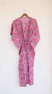 Robe kaftan en coton rose à imprimé indien, avec cordon de serrage réglable - Product Image 4