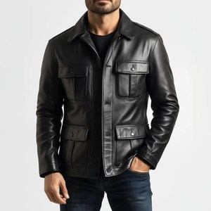 Veste en cuir noire pour homme, style workwear, col rabattu, simple boutonnage, poches, coupe classique, pour l'automne - Product Image 6