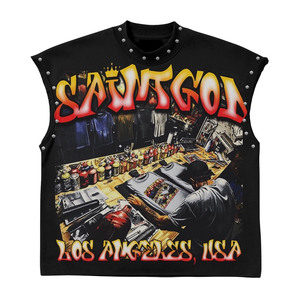 T-shirt homme en coton doux de haute qualité, sans manches, imprimé personnalisé noir, style streetwear, 100% coton, coupe ample. - Product Image 5