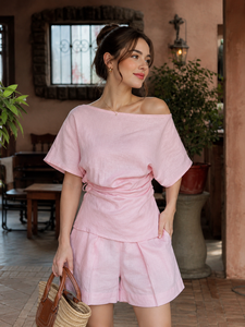 Vestido Peplum Moderno de Chifón Rosa Mini, de un Solo Hombro, con Lazo en la Espalda, Cintura Ajustada, Manga Corta, Casual, de Verano, para Mujer - Product Image 4