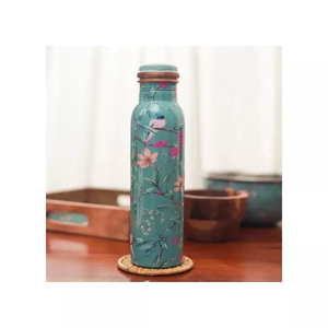 Bouteille d'eau élégante en cuivre avec imprimé floral botanique Aqua Flora, réutilisable, faite à la main, vaisselle traditionnelle indienne pour - Product Image 5