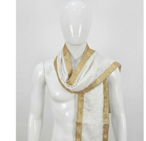 Patka Dupatta de Luxe en Or Blanc pour Marié avec Bordure de Perles, Étole Traditionnelle Indienne pour Mariage, pour Tenue Ethnique Sherwani - Product Image 1