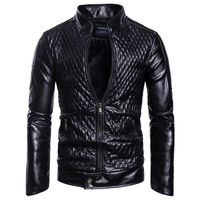 Nouvelle veste en cuir matelassée slim pour homme, style motard, motif losanges, en similicuir PU, col montant, type bomber