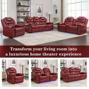 Clinda reclinabile per Home Theater rosso vino con portabicchieri in pelle reclinabile manuale e striscia luminosa a LED per soggiorno - Product Image 6