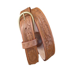 Custom Made Floral Engraved Tan Cowhide Western <b>Leather</b> <b>Tooling</b> Belt With Pin Buckle Vintage Casual Style One Piece Molding - Product Image 1
