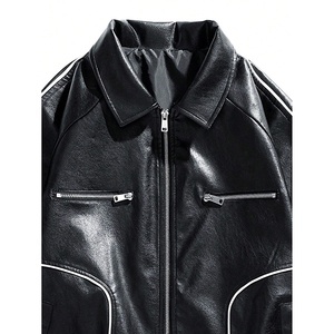 <b>Men's</b> Black PU Bomber <b>Jacket</b> Moto <b>Biker</b> Style Turn-Down Collar Zipper Closure Solid Color Regular Fit Leather <b>Jacket</b> - Product Image 3