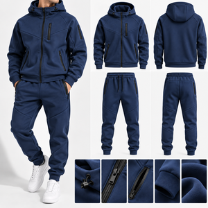 Men <b>Navy</b> <b>Blue</b> Hooded Tracksuit Full Sleeve Solid Color Casual Breathable Polyester Jogger Set Acid Wash Tech <b>Fleece</b> Custom Logo - Product Image 4