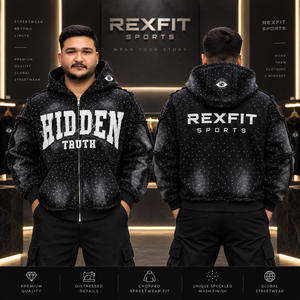 REXFIT SPORTS Sweat à capuche zippé pour homme Hidden Truth, coupe oversize, style streetwear, noir, en polyester FRENCH TERRY, pour l'automne - Product Image 2