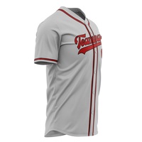 Camiseta de Béisbol Personalizada para Hombre, Gris con Ribete Rojo, con Botones, Nombre del Equipo, Número 00, Impresión Serigrafiada, Prenda Transpirable de Poliéster