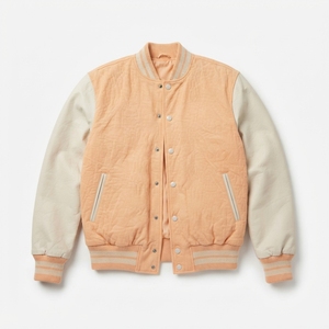 Chaqueta Varsity Unisex de Lana Color Durazno Naranja de TRAMA SPORTS APPAREL, con Bloques de Color y Botones Cubiertos en las Mangas, Personalizable, para Invierno - Product Image 1