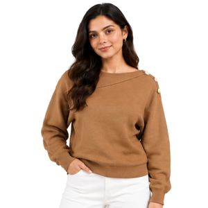 Suéter de Punto Color Caramelo para Mujer, Cuello Asimétrico, Detalle de Botón Dorado en el Hombro, Manga Larga, Elegante, Informal, Jersey de Invierno - Product Image 1
