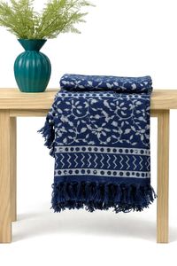 Manta Decorativa para Sofá/Cama, Tejida en Algodón Indio con Estampado Azul Índigo, Ecológica - Product Image 6