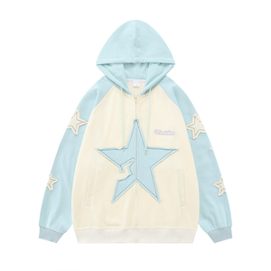 Unisex Oversized Hooded Sweatshirt Raglan Sleeve Applique <b>Star</b> Design <b>Light</b> Blue Cream Knitted Casual Autumn Wear - Product Image 4