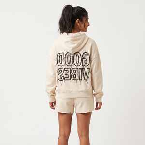 Ladies Baggy Hooded Distress <b>Embroidery</b> Sweat Short <b>Set</b> 100% Fleece Polyester Full Sleeve Baggy Drop Shoulder Shorts <b>Set</b> Women - Product Image 2