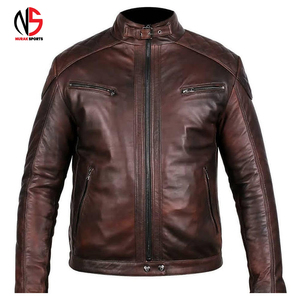 Veste de moto d'hiver pour homme en cuir véritable marron de haute qualité, imperméable, coupe-vent, col mandarin, logo frontal, respirante - Product Image 2