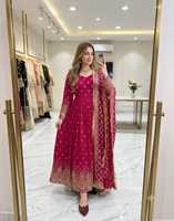 Baju Tradisional Wanita India untuk Pernikahan, Bahan Faux Georgette, Bordir Payet Tebal, Gaun Panjang, Celana, dan Dupatta