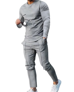 Men's Gray Long Sleeve T-Shirt Pants Set Crew Neck Solid Color Casual Knitted Breathable Cotton Bamboo Fiber Front Autumn Wear - Product Image 1