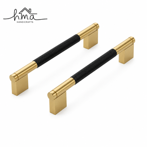 Brass <b>Gold</b> Cabinet Handle with Brown Leather Grip Cylindrical Bar Shape Knurled End Caps Modern <b>Drawer</b> <b>Pull</b> Elegant Furniture - Product Image 4