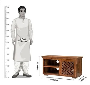 Meuble TV en bois massif sculpté géométriquement, fait main |   Petite console multimédia avec porte en treillis |   Exportation de Jodhpur - Product Image 2