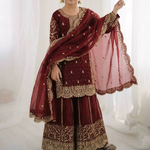 ชุดเสื้อผ้าไหมแท้พรีเมียมสำเร็จรูปสำหรับเด็กผู้หญิง ชุดชาราร่าและผ้าคลุมไหล่ - Product Image 1