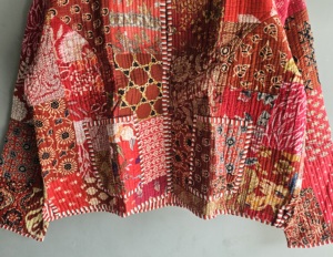 Vintage Patchwork <b>Quilted</b> Jacket Mandarin Collar Cotton Bamboo Fiber Unisex Autumn Loose Fit <b>Single</b> Button Red Patterned Design - Product Image 5