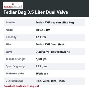 ถุงเก็บตัวอย่างก๊าซ TECHINSTRO Tedlar ขนาด 0.5 ลิตร ฟิล์ม PVF วาล์วคู่ ป้องกันการรั่วซึม สำหรับการเก็บตัวอย่างก๊าซในอากาศ VOC และดิน - Product Image 6