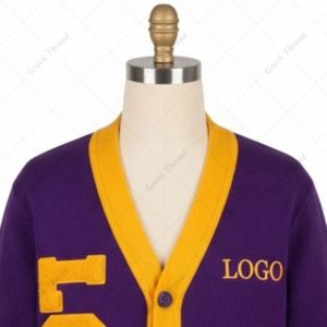 Custom Chenille Letterman College <b>Cardigan</b> V-Neck Knit Varsity Sweater with Chest Embroidery and Striped Ribbed Trim - Product Image 5
