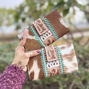 New Arrival Hand Tooled Carving Cards Wallet Clutch Phone Case Stylish Cowhide Fur Leather Multi Uses Western Leather Wallets - Product Image 1