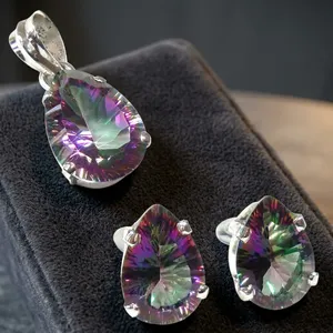 Contemporary Mystic Topaz 925 Sterling Silver Jewelry Set Teardrop Pendant Stud Earrings <b>Rainbow</b> Gemstone Women's Party Fashion - Product Image 2