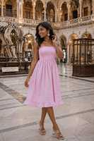 Robe d'été décontractée rose rayée sans bretelles style bohème 100 % coton anti-plis coupe trapèze à épaules smockées longueur midi pour femme