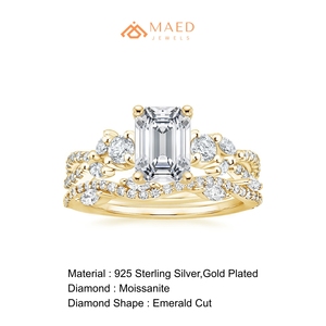 <b>Moissanite</b> Emerald Shape Engagement Ring Gold Tone Bridal Pair Round Accents Sparkling Bands Wedding Proposal <b>Jewelry</b> for Brides - Product Image 6