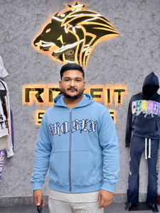 Men's Light Blue Zip-Up <b>Hoodie</b> Embroidered <b>Gothic</b> Logo Oversized Fit Streetwear Hooded Regular Sleeve French Terry Fabric - Product Image 6