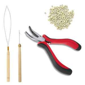 Kit d'outils pour extensions de cheveux avec 200 micro-anneaux en silicone beige, kit d'extension avec pinces courbées, crochet de tirage et enfileur à boucle - Product Image 1