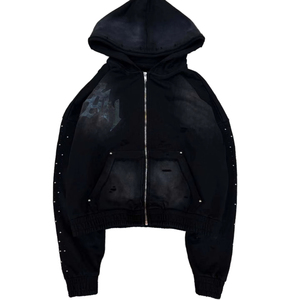 เสื้อฮู้ดดี้สีดำแบบวินเทจ รุ่นใหม่ปี 2026 ทรงหลวมสำหรับทุกเพศ ผลิตจากผ้าฝ้าย 100% เหมาะสำหรับฤดูหนาว ตกแต่งด้วยงานถักโครเชต์  แบบ ODM  ประดับคริสตัล  ซิปติดที่คอเสื้อ - Product Image 1