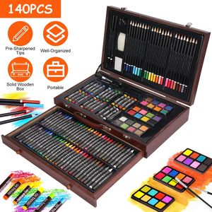 Professionale 140 pezzi Art forniture Kit elegante scatola di legno matite colorate olio pastelli acquerello pennelli gomma per bambini - Product Image 1