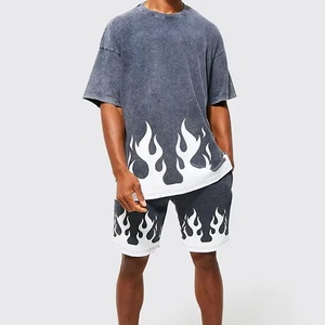 Men's Oversized Acid Wash T-<b>Shirt</b> With <b>Flame</b> Print Short Sleeve O-Neck Street Style Cotton Jersey Tee - Product Image 1