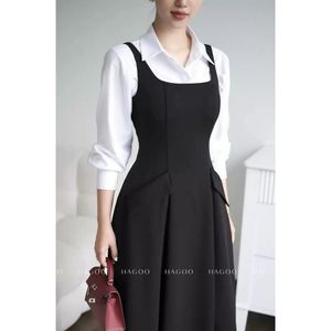 Robe longue de bureau noire unie à col carré, taille naturelle, coupe trapèze, tissée, pour l'été [V173] - Product Image 4