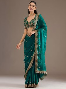 ส่าหรีปักลายสีเขียว ชุดพื้นเมืองสำหรับผู้หญิง ชุดแต่งงาน ชุดงานเลี้ยง - Product Image 3